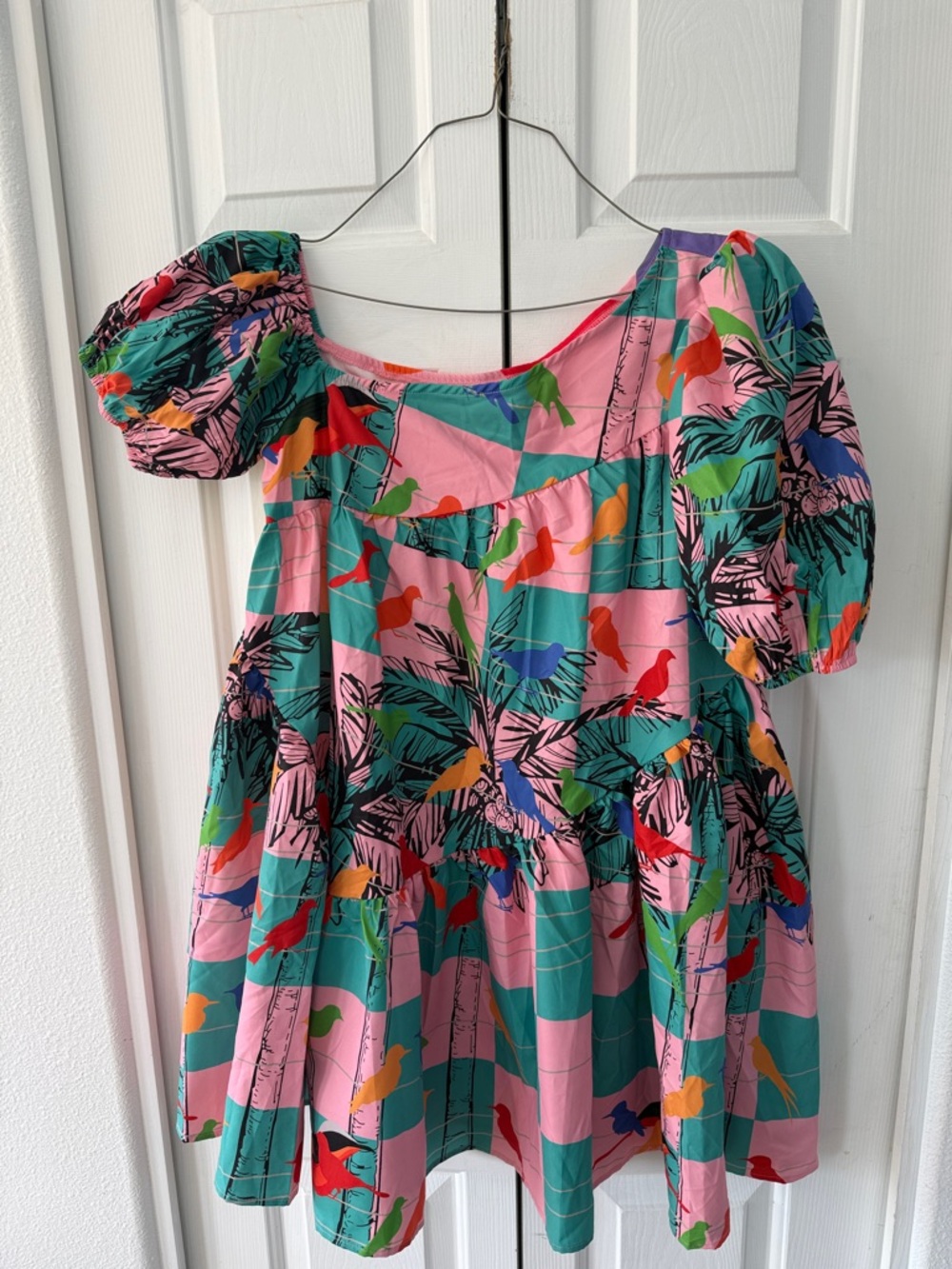 New Coloful Puff-Sleeve Mini Dress, M